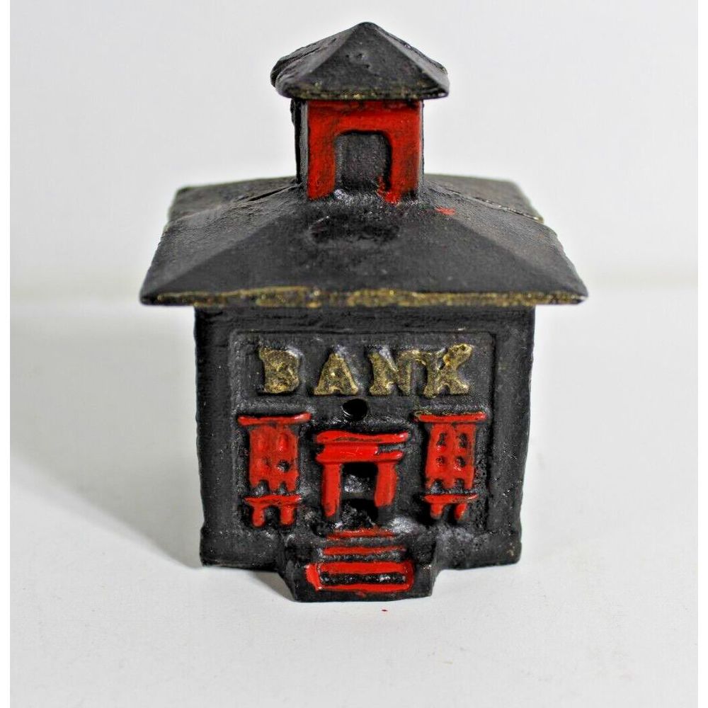 Antique Cast Iron Coin Bank Building School House Black & Red AC Williams